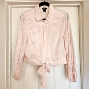 Paige Collared Long Sleeve Pink White Striped Button Down With Waist Tie MEDIUM
